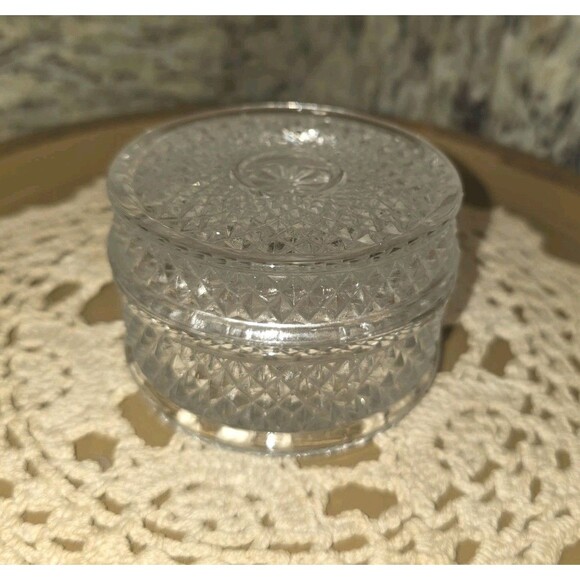 Vintage Diamond Cut Glass Dresser Vanity Trinket Jar w Ground Lid Clear 3" Dia - Picture 5 of 8